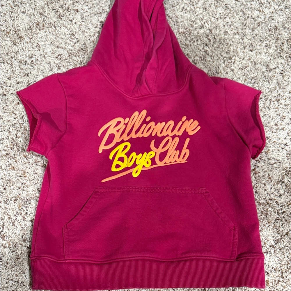 Billionaire Boys Club Short-Sleeve Hooded Sweatshirt in Magenta with Yellow Logo